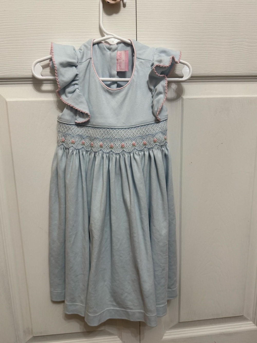 Light Blue Smocked Girls Dress with Pink Trim
